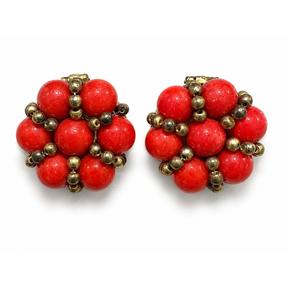 Vintage Red Beaded Cluster Clip-On Earrings Gold Tone Statement Earrings 1980s